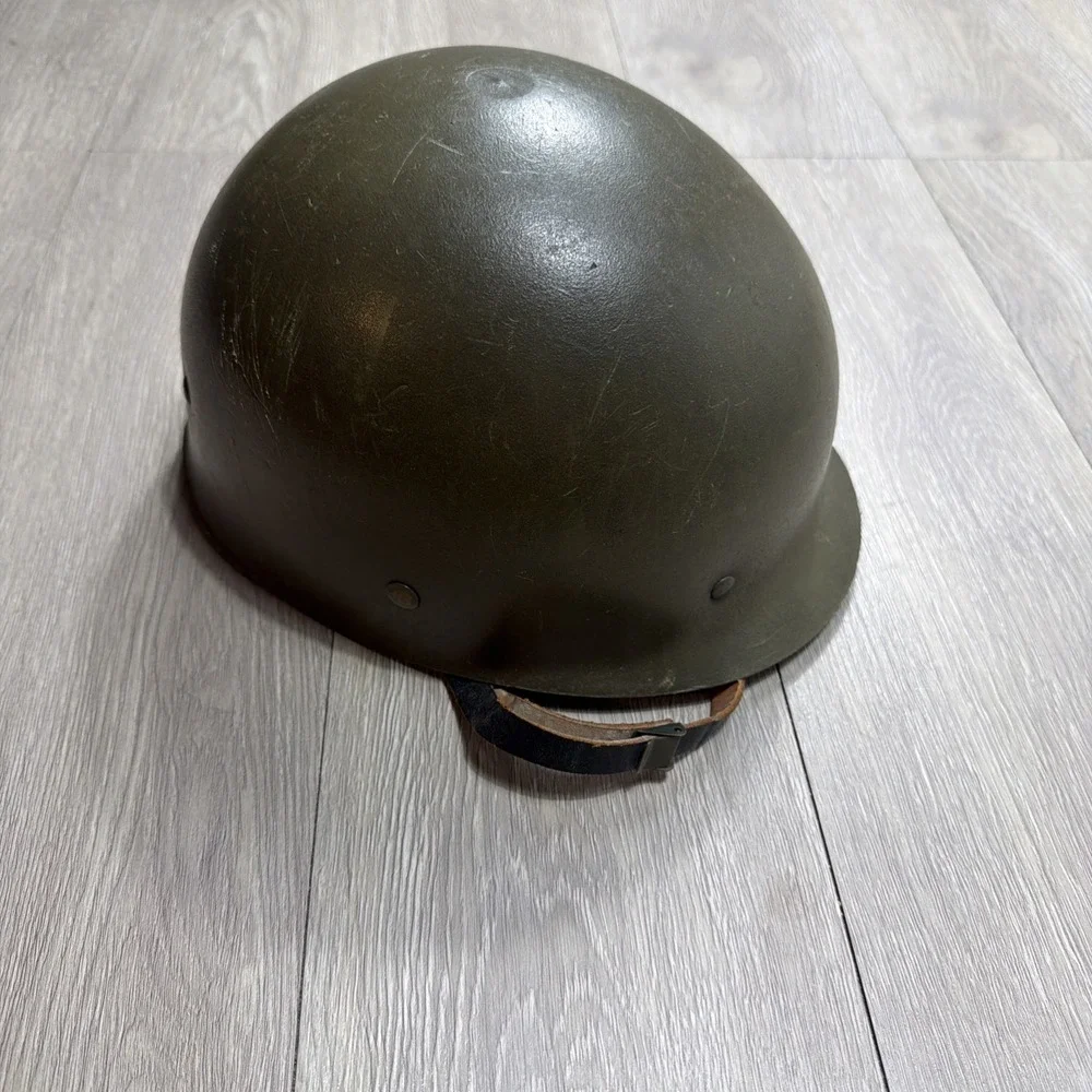 Vintage Military‎  Helmet With Leather Chinstrap & Lining Green Rare!!
